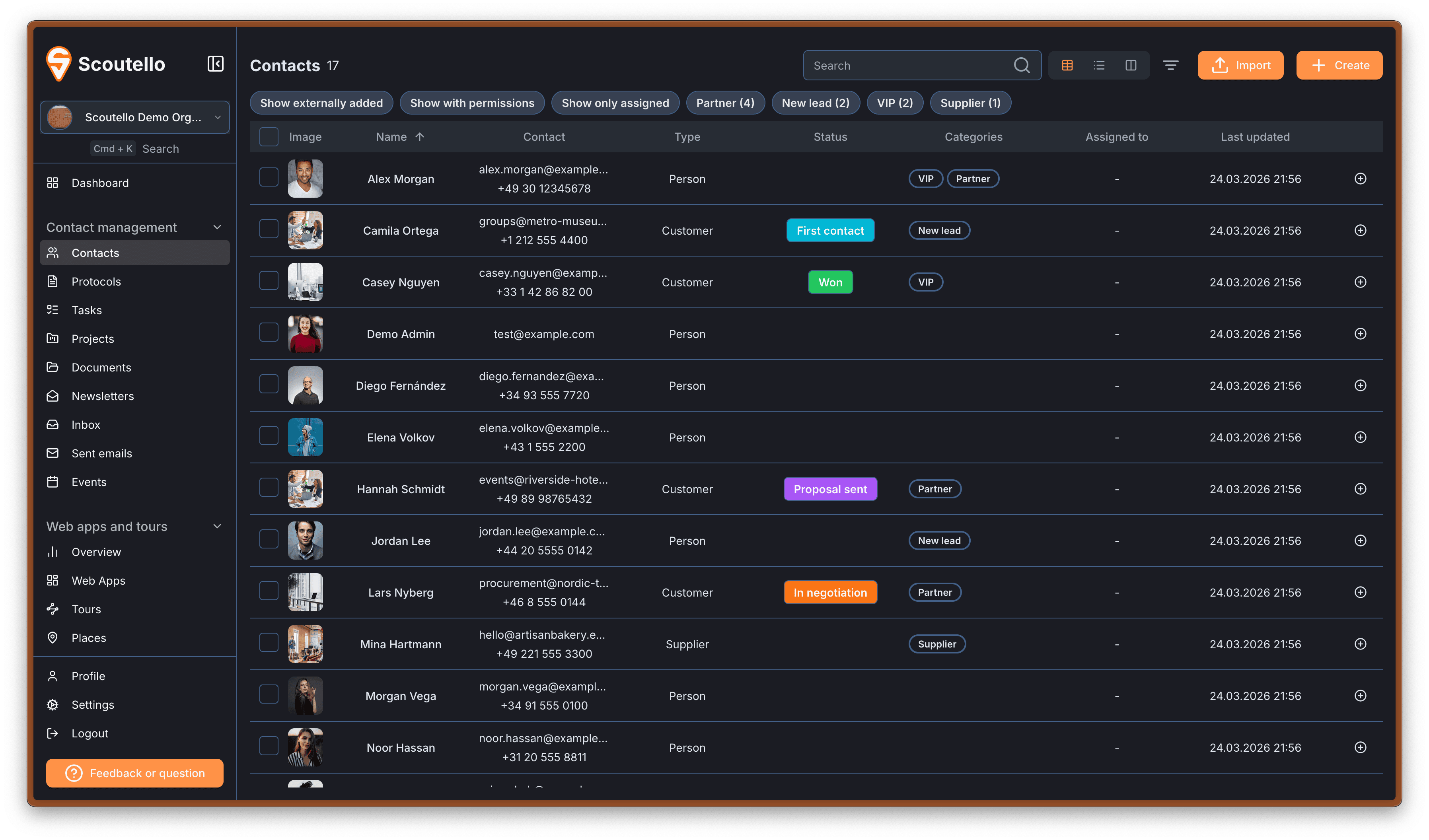 Produkt-Screenshot: Kontakte-Dashboard