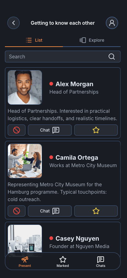 Produkt-Screenshot: Networking-Profile in der mobilen Web-App