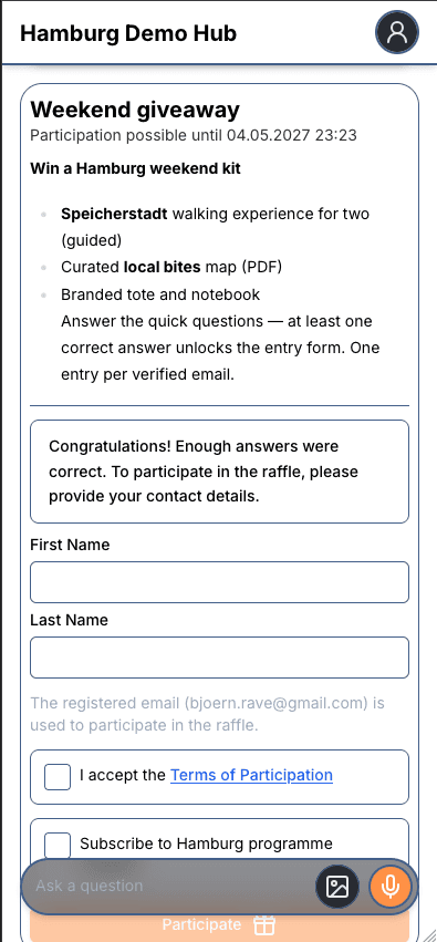 Produkt-Screenshot: Verlosungseintrag in der mobilen Web-App