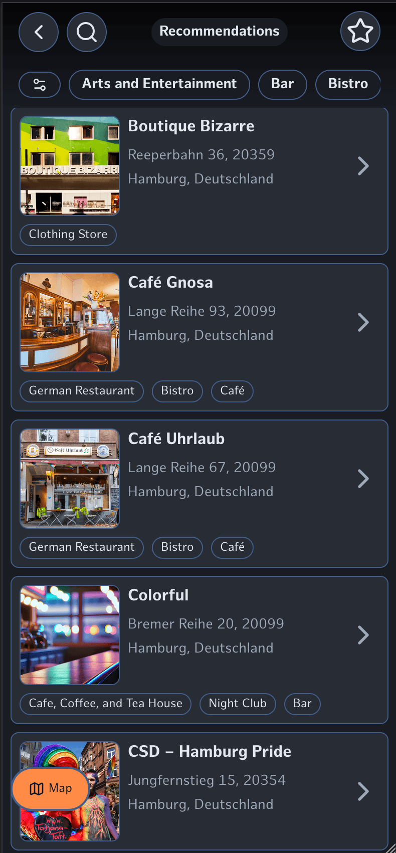 Empfehlungs-Ansicht in der Gäste-App