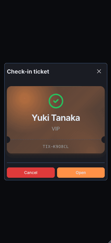 Produktscreenshot: erfolgreiche Event-Ticket-Check-in-Bestätigung