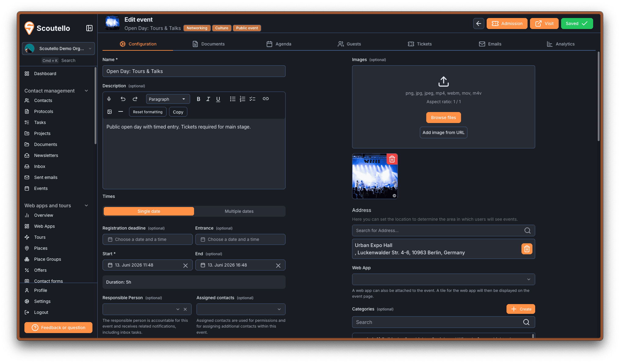 Produktscreenshot: Event-Detailansicht im Scoutello-Dashboard