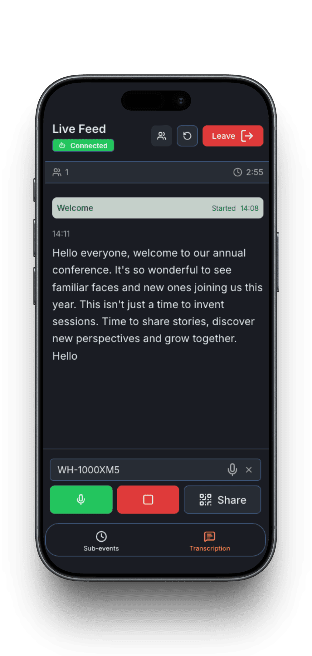 Produkt-Screenshot: übersetzter Live-Feed auf einem Handy