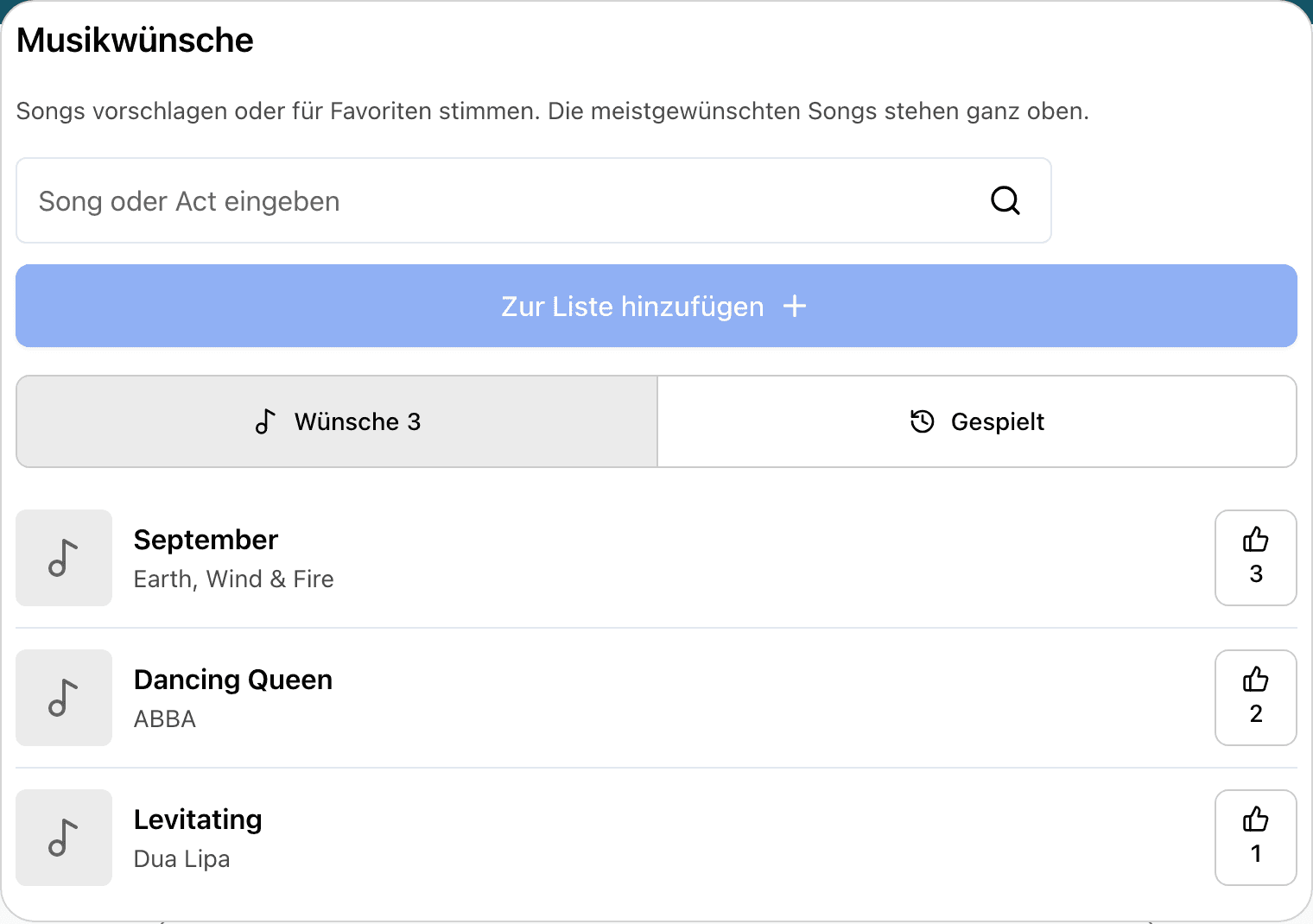 Musikwunsch-Kachel mit Song-Suche, Wunschliste und Abstimmungsergebnissen