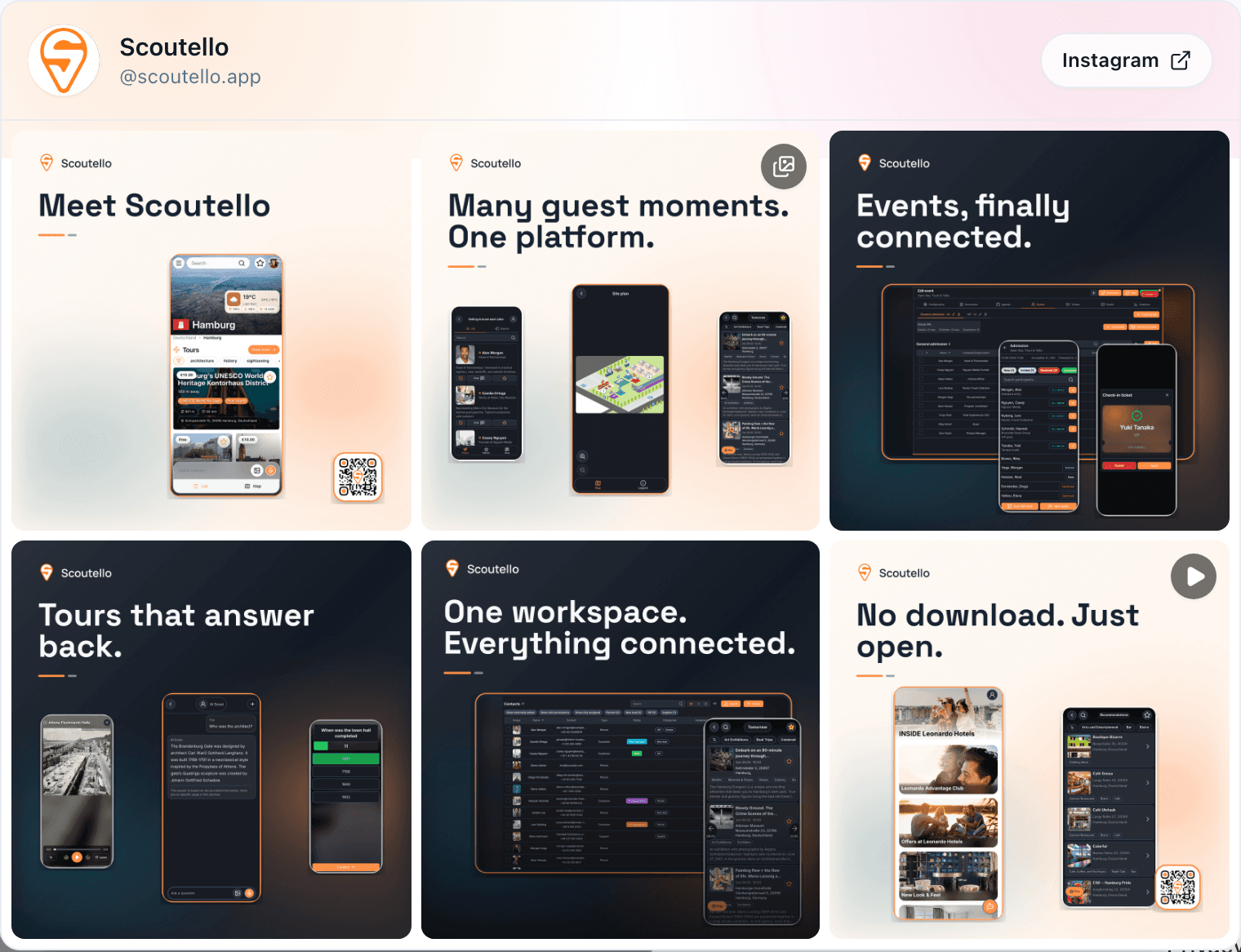 Instagram tile with the connected Scoutello profile and a grid of recent posts