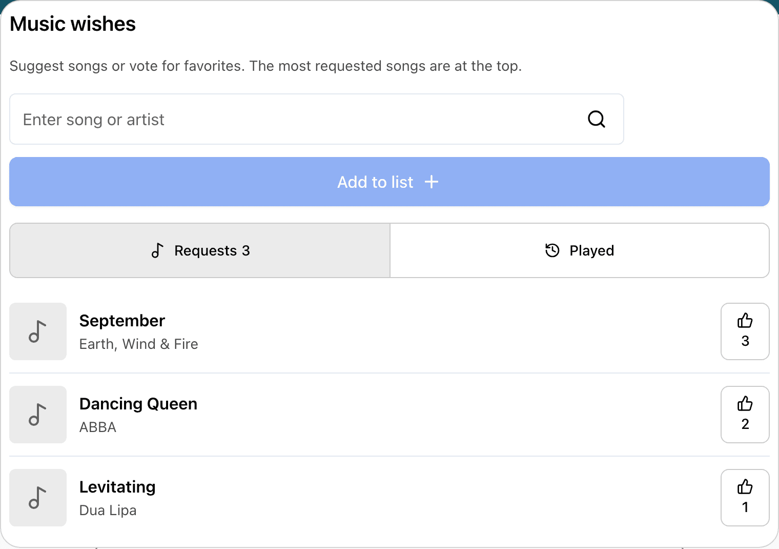 Music Wish tile with song search, request list, and voting results