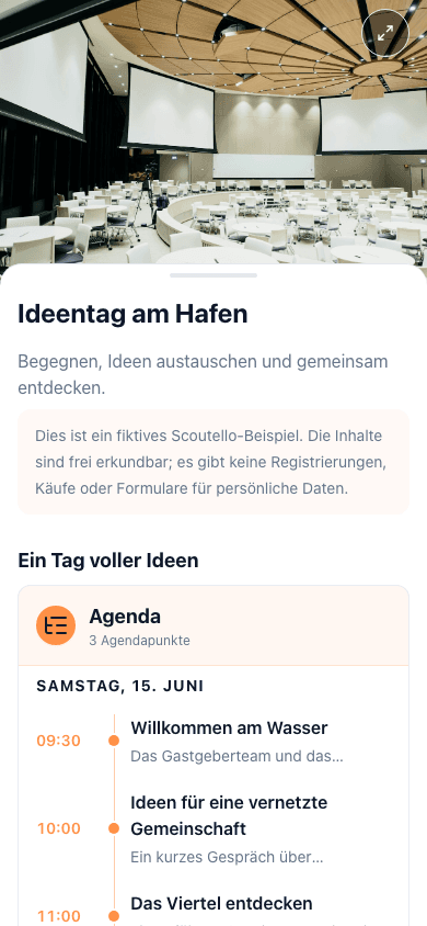 Fiktives Scoutello-Event mit Programm und Informationen zum Veranstaltungsort