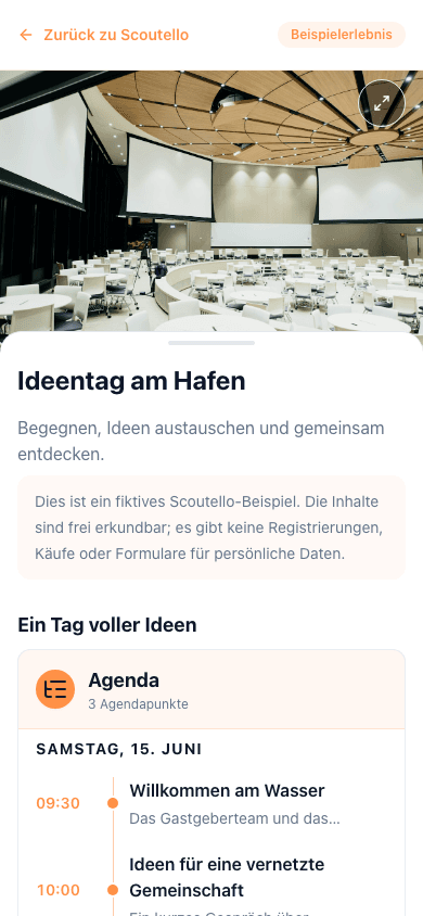Fiktives Scoutello-Event mit Programm und Informationen zum Veranstaltungsort