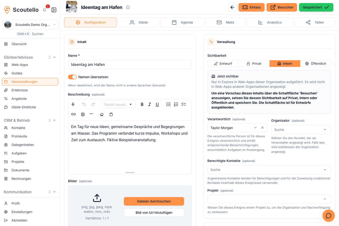 Produktscreenshot: Event-Detailansicht im Scoutello-Dashboard