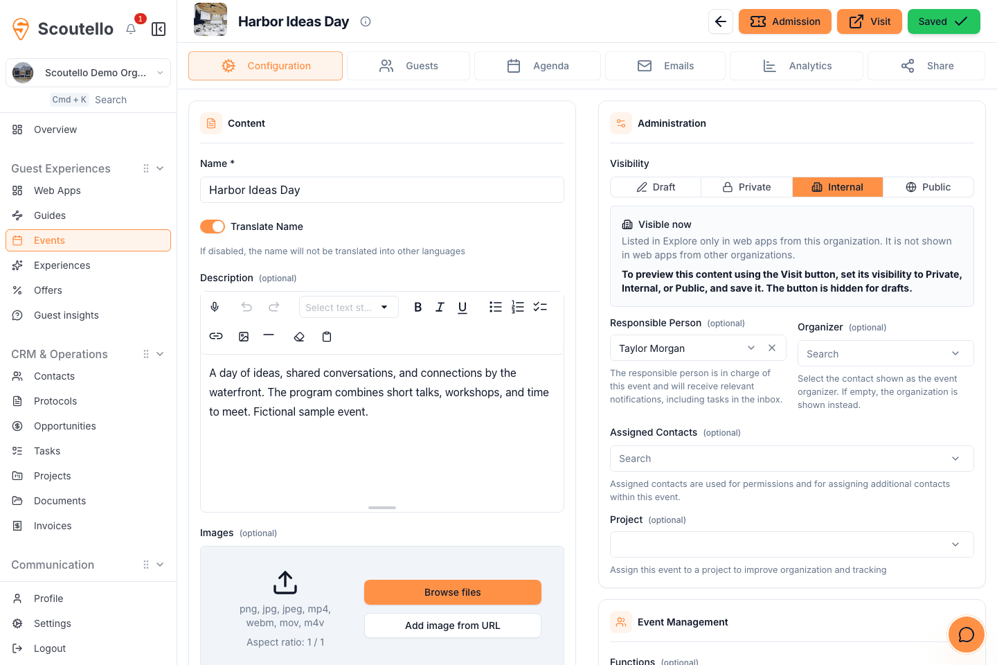 Produktskærmbillede: Begivenhedsdetaljevisning i Scoutello-dashboardet