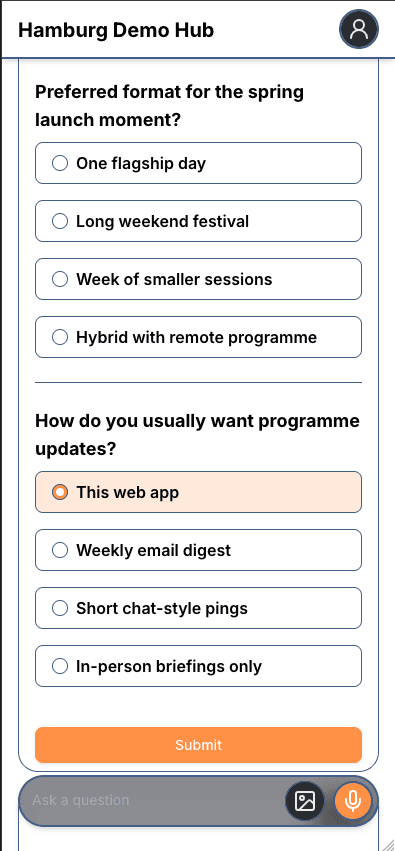 Produkt-Screenshot: Umfragen und Abstimmungen in der mobilen Web-App