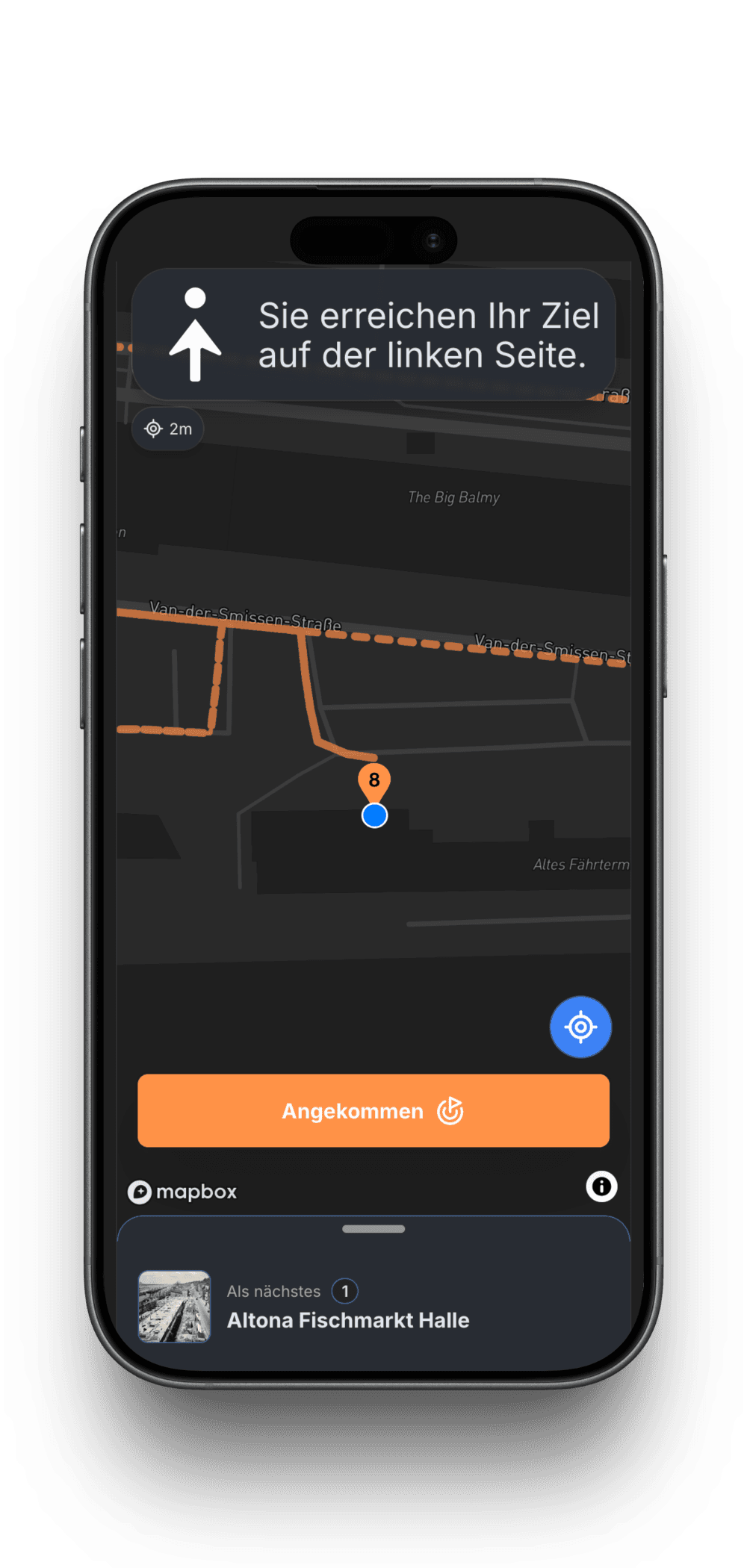 Scoutello Tour auf dem Telefon mit Karte und Orts-Details für Besucher:innen