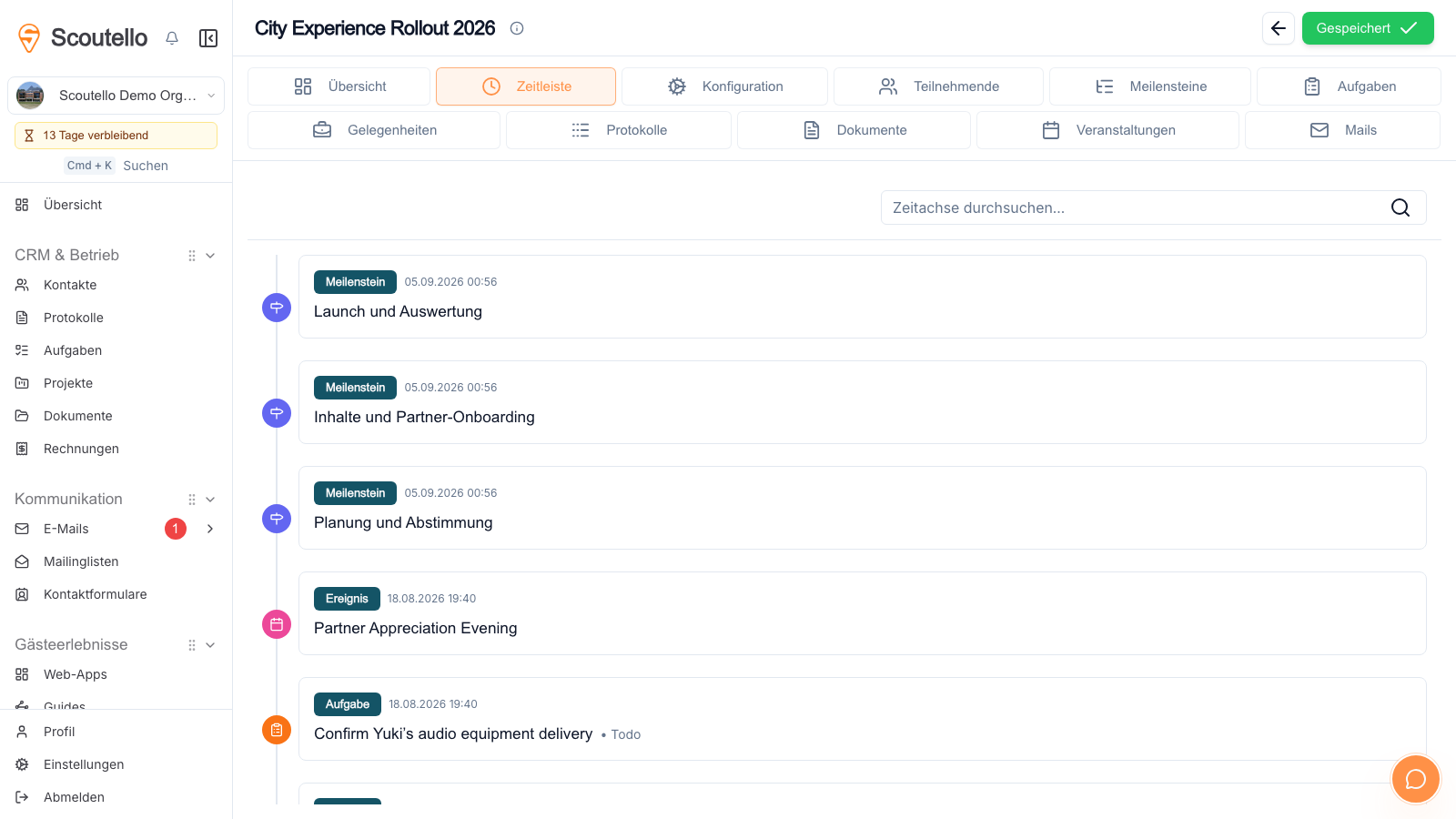 Die Projekt-Timeline verbindet Meilensteine, Aufgaben und Gespräche.